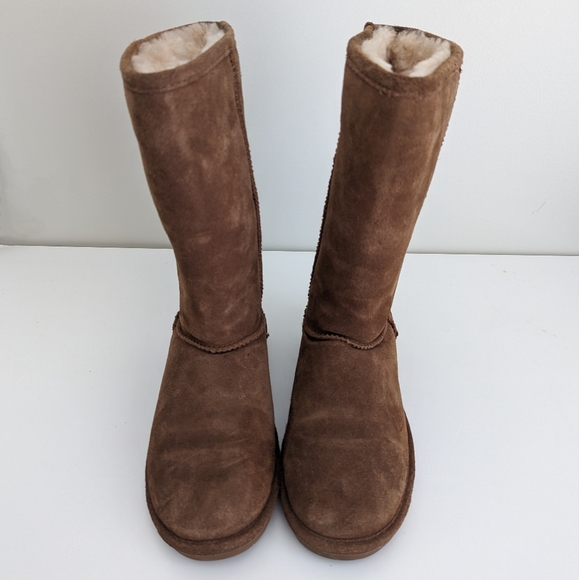 BEARPAW Emma Brown Suede Tall Boots Slip On Sheepskin Women Sz 8 Flat Heel MINT - Picture 1 of 15